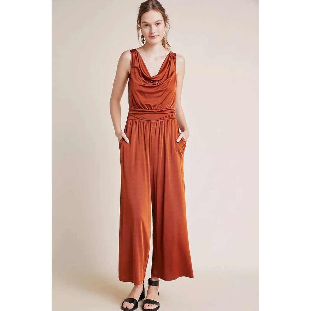 Maeve Anthropologie Enchantment Jumpsuit Rust Copper Cowl Neck Wide Leg -‎ XS